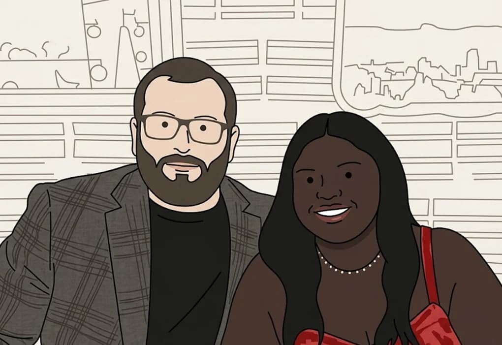 Cody and Kyleigh, the founders, drawn in the site's line-art style
