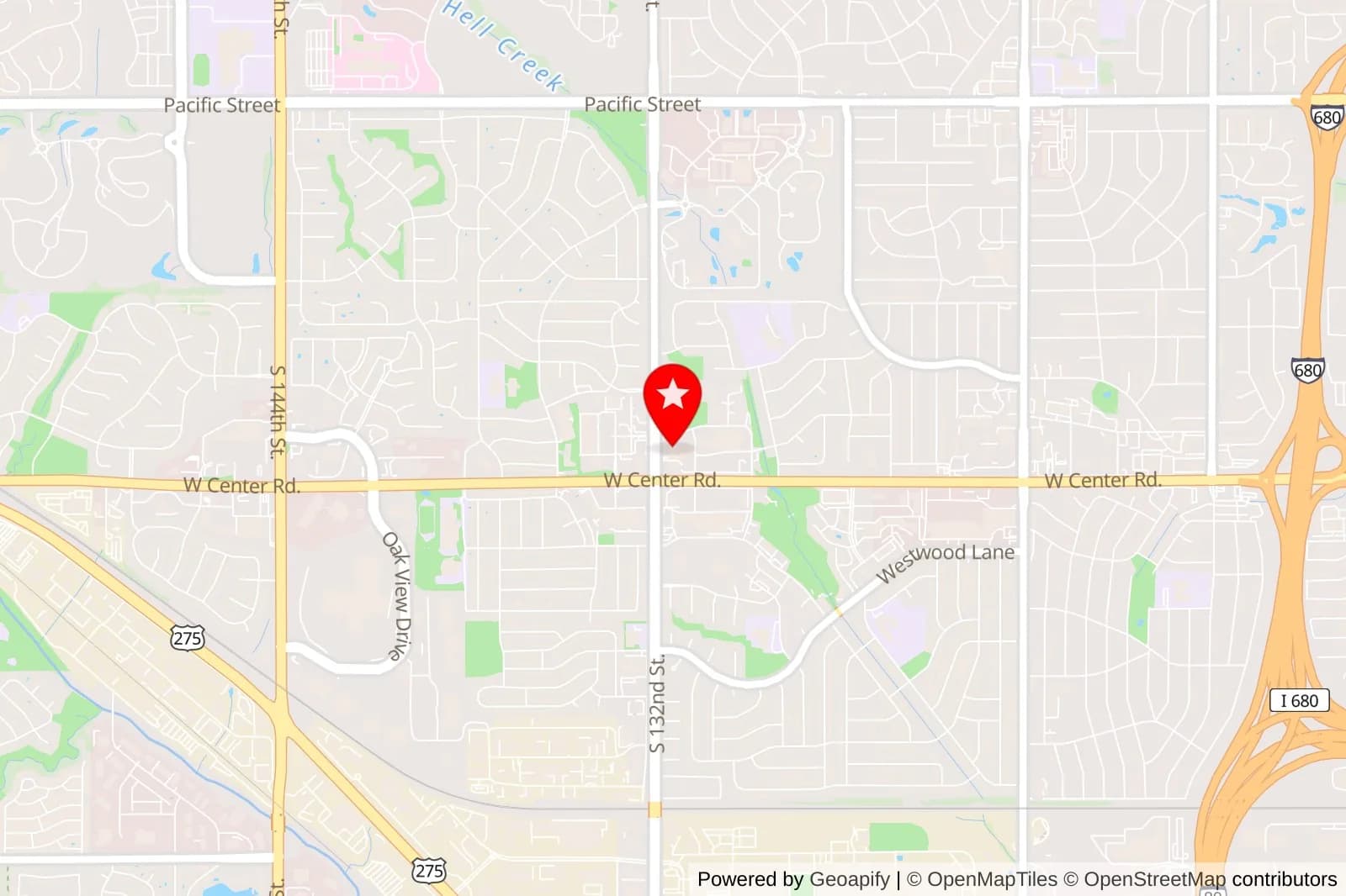 Map showing a red star near West Center Road and South 132nd Street in Omaha