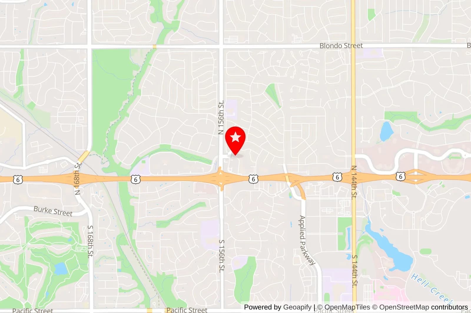 Map showing a red location pin near West Dodge Road and North 156th Street in Omaha