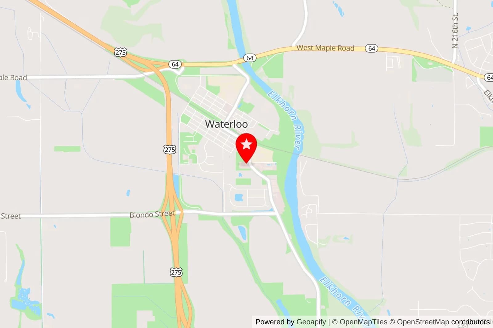 Map of Waterloo, Nebraska with a red location pin near the Elkhorn River and Highway 275.