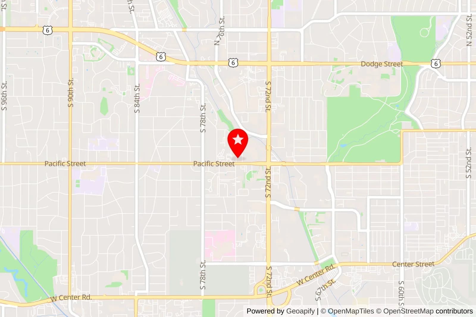 Map of Omaha with a red location marker near South 72nd Street and Pacific Street