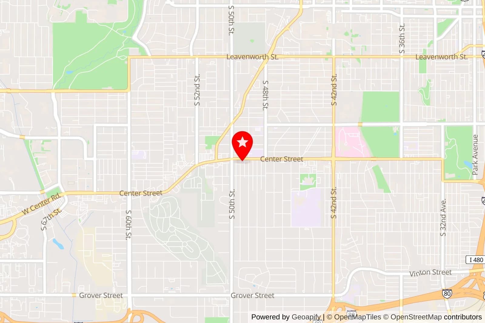 Map of Omaha with a red location pin on Center Street near South 50th Street
