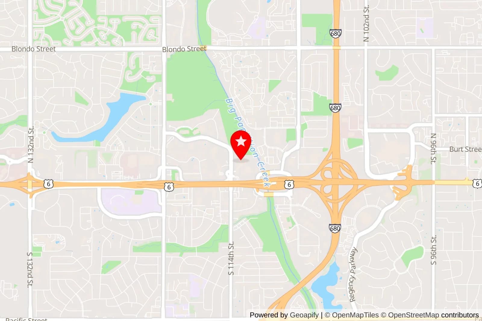 Map showing Acadian Grille & Bar's location marked with a red star near Highway 6 and I-680
