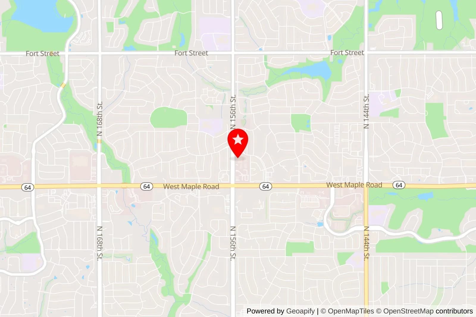 Map of West Maple Road in northwest Omaha with a red location pin near North 126th Street