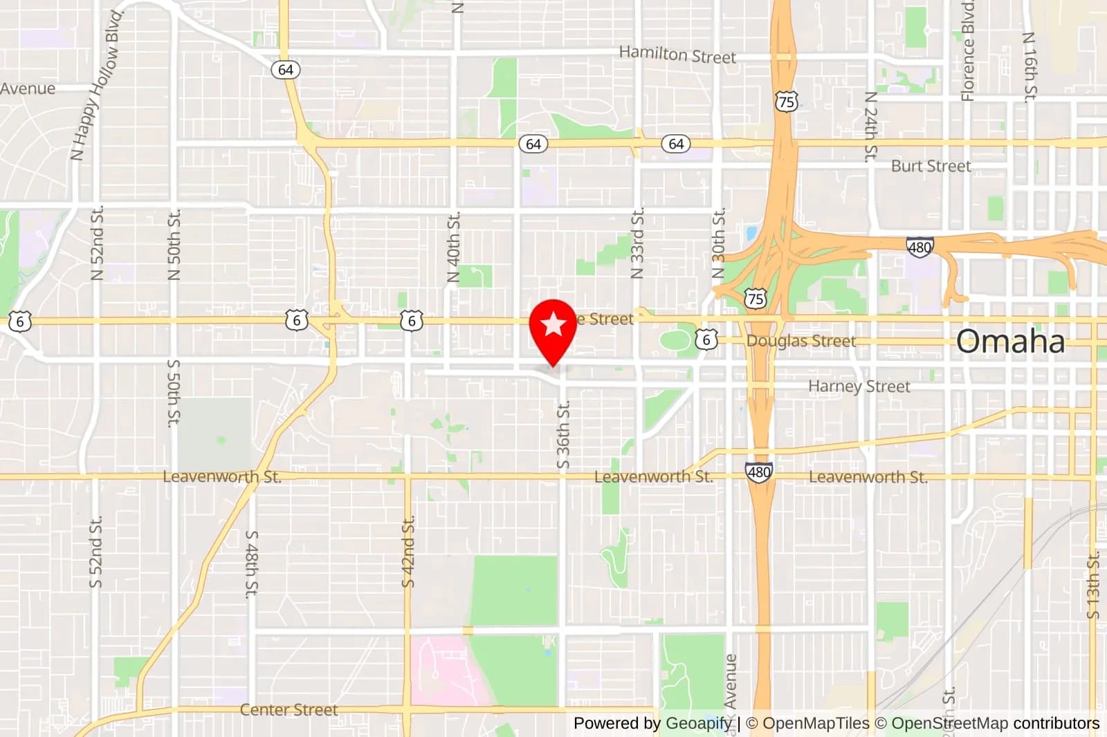 Map of Omaha with a red location pin near Farnam Street and S 36th Street