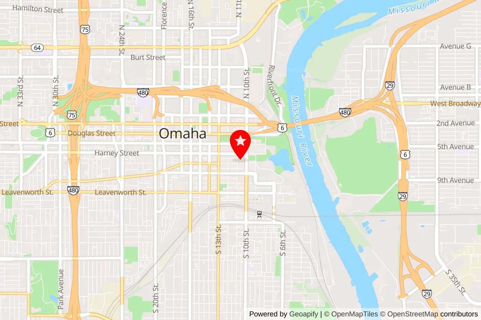 Map of downtown Omaha with a red star location marker near the Missouri River