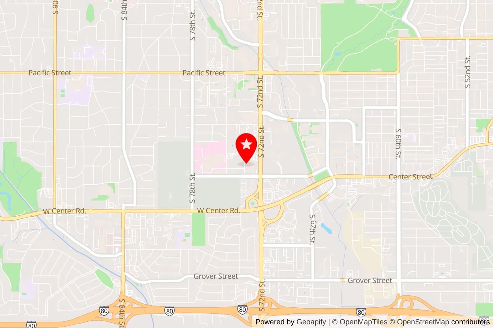 Map of Omaha with a red location pin near South 72nd Street and Center Street