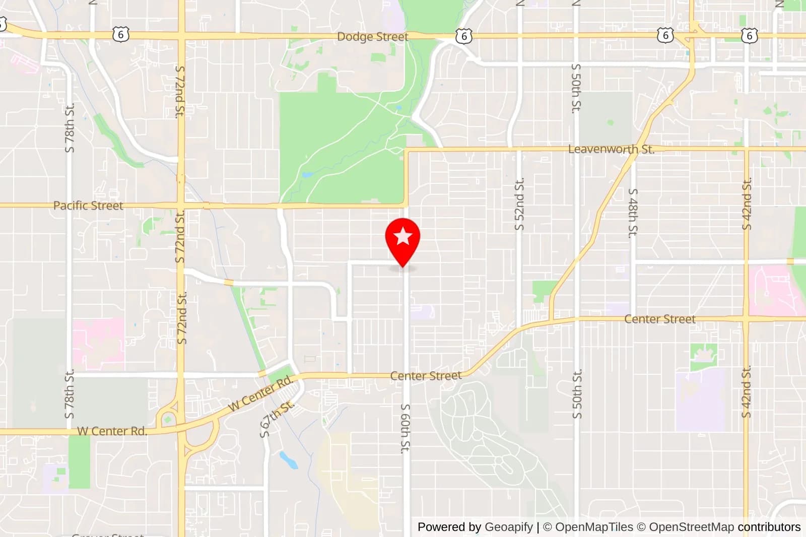 Map of central Omaha with a red location pin near S 60th Street and Pacific Street