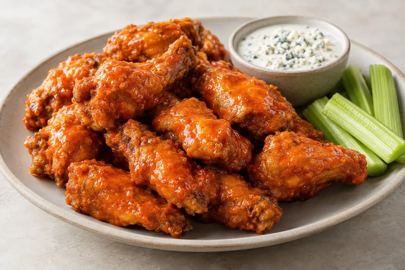 Saucy buffalo wings on a plate with blue cheese dip and celery sticks