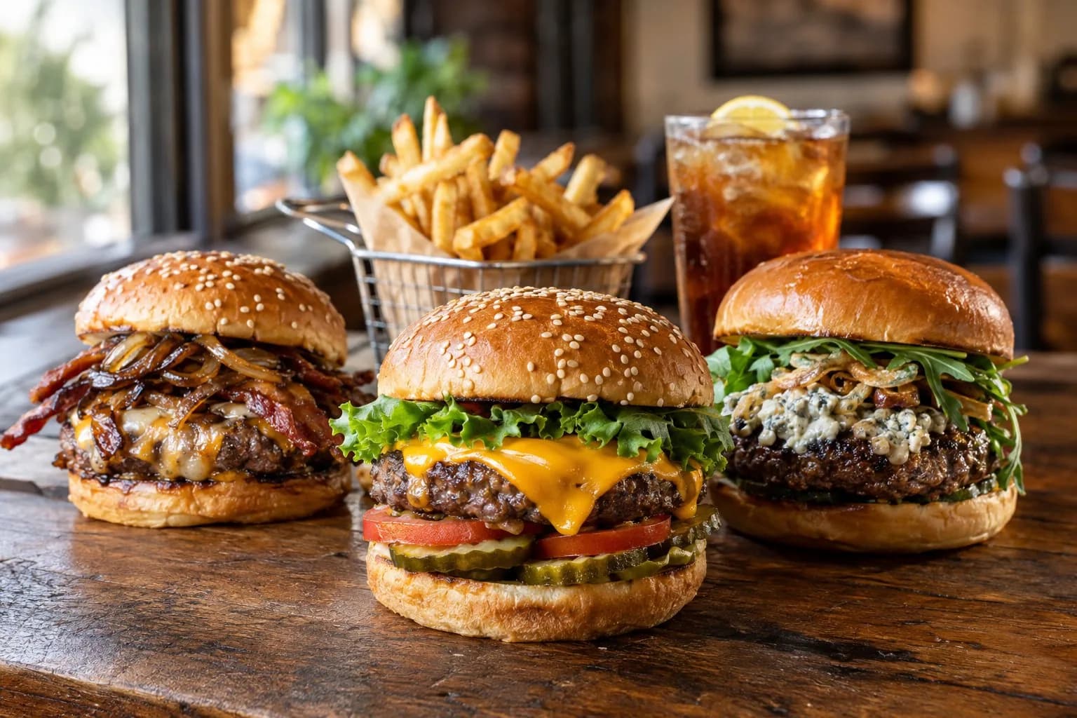 Three burgers with fries and an iced drink on a wooden restaurant table